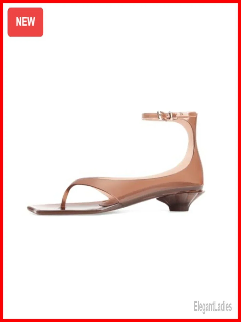 Womens Clear Jelly Thong Sandals Kitten Heel Square Toe Ankle Strap